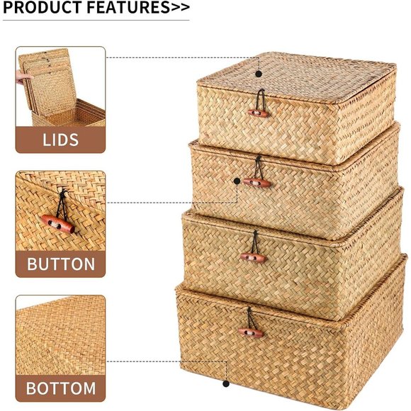 Brown Wicker Woven Storage 4 Seagrass Rattan Storage Containers Organizers - Picture 5 of 9